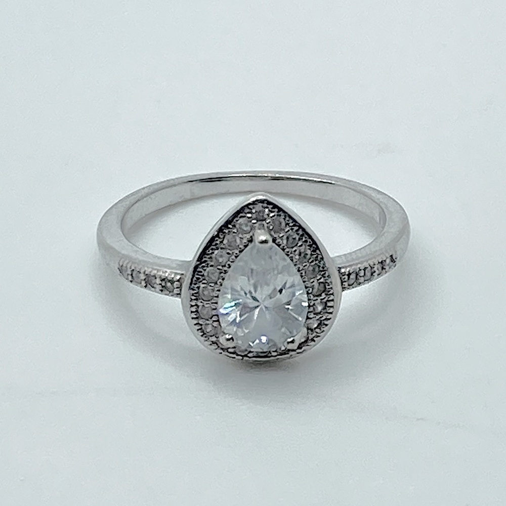 STERLING Silver Tear Drop / Pear Shape Halo Half Eternity Engagement Ring Sz 8